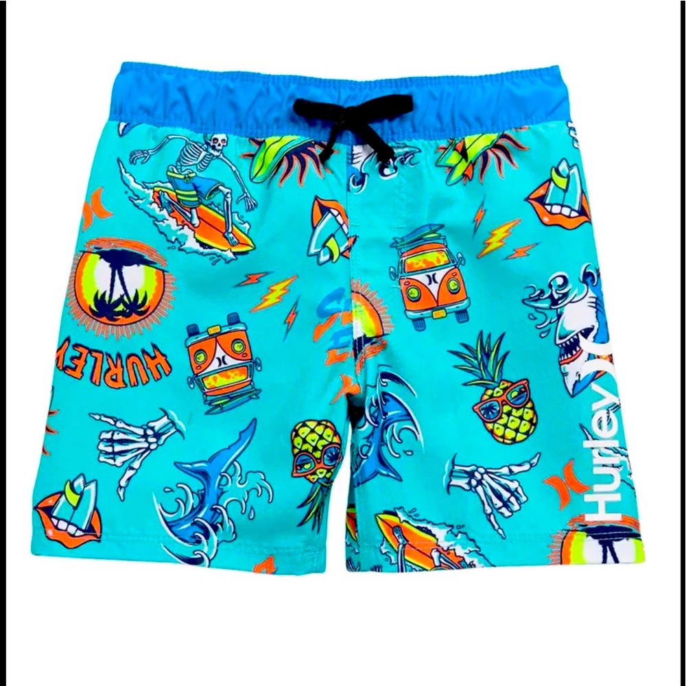 Hurley Boys 4 Scribble Skeleton Shark Surf Print Swim Trunks Shorts NWT